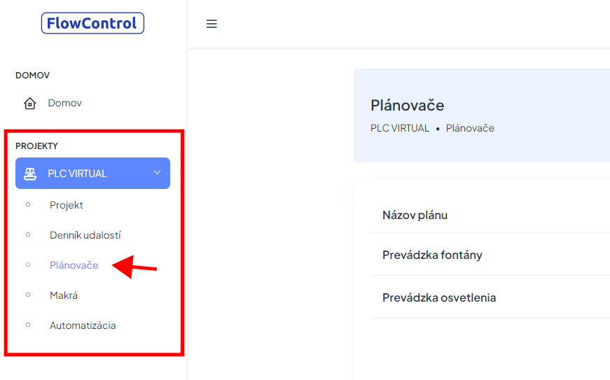 Projektové menu s odkazom na modul plánovača